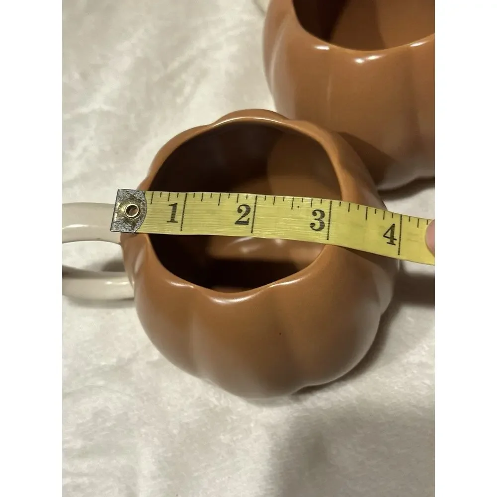West Elm Stoneware Pumpkin Mug Set; Terracotta Cream Handles Fall Festive